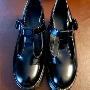 Madden Girl black pattet leather platform mary jane buckle shoes.